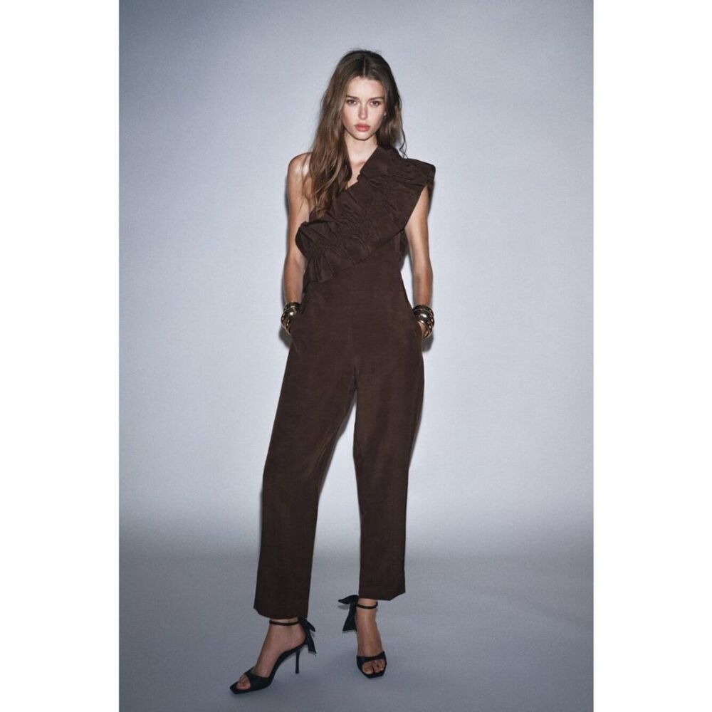 Zara Womens Asymmetrical Jumpsuit With Frills Medium Brown Ruffled 8460/501 NWT